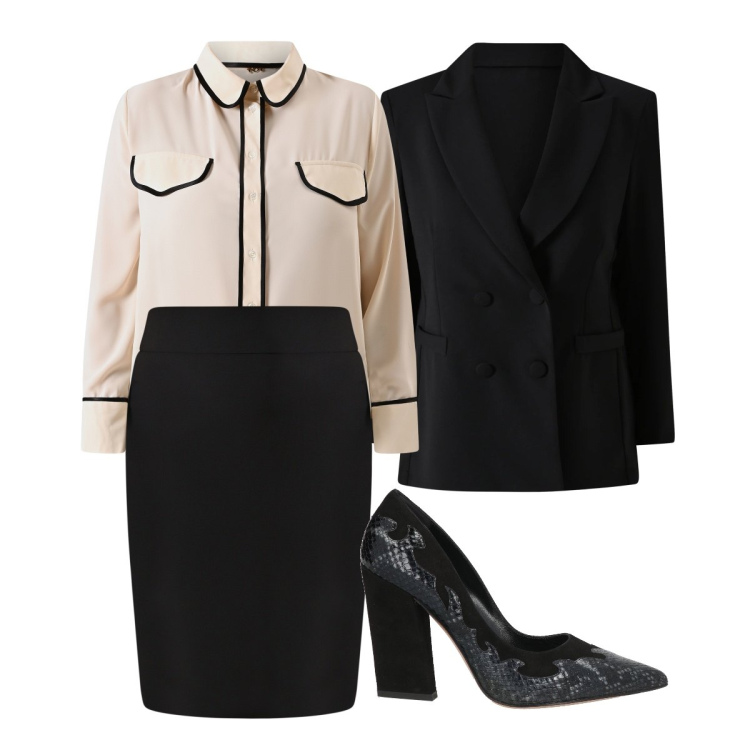 Outfit donna - Professionale in ufficio a gennaio. Stile Mannish per Ufficio. Abbinamento con décolleté, camicie, gonne, blazer.