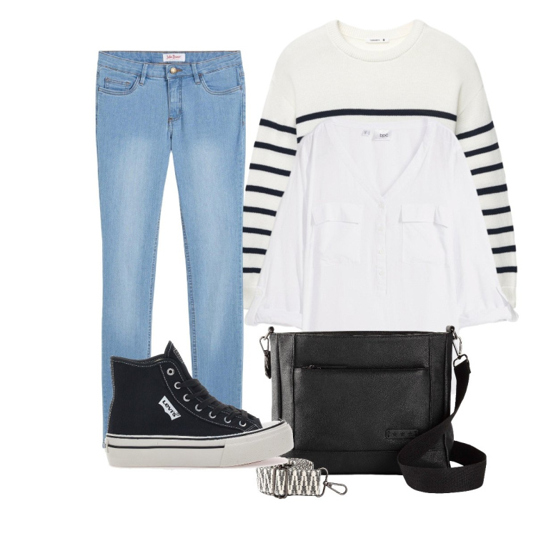 Outfit donna - Tra i banchi di scuola. Stile Basic per Scuola/Università. Abbinamento con jeans skinny, borse a tracolla, bluse, maglieria, sneakers.