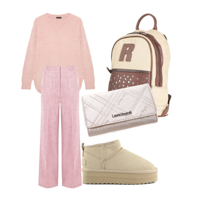 Outfit donna - Accessori giusti. Stile Minimal per Tutti i giorni. Abbinamento con zaini, pantaloni, stivaletti, portafogli, maglieria.