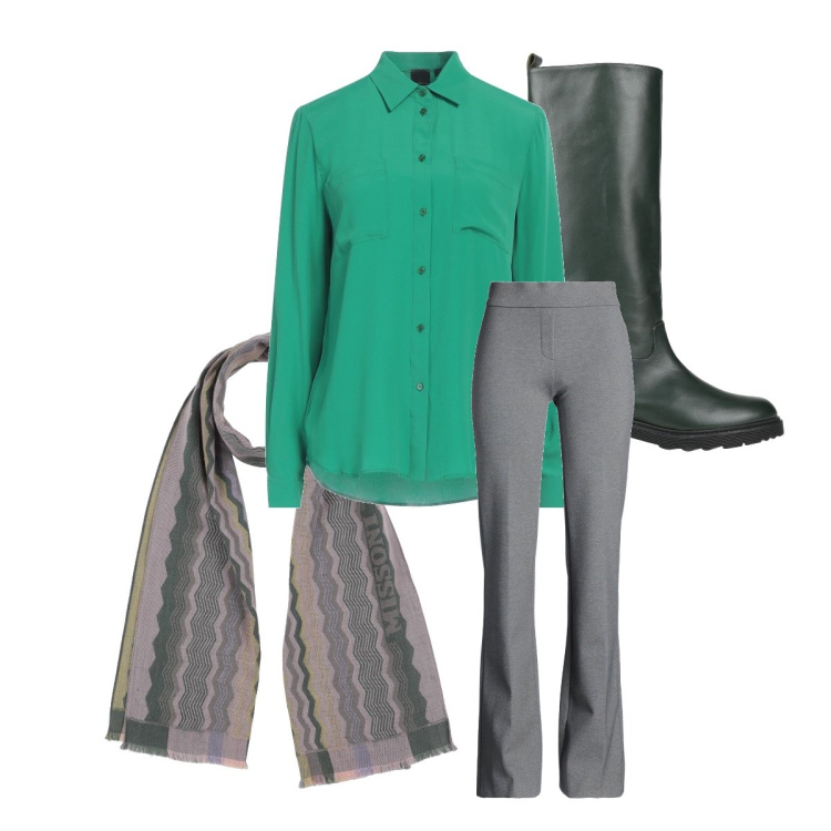 Outfit donna - Brand Premium. Stile Preppy per Ufficio. Abbinamento con pantaloni, camicie, sciarpe, stivali.