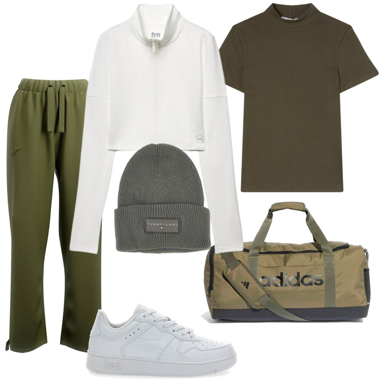 Outfit donna - Total look #2324058. Stile Casual per Sport. Abbinamento con felpe sportive, t-shirt, pantaloni, borse sportive, sneakers, cappelli.