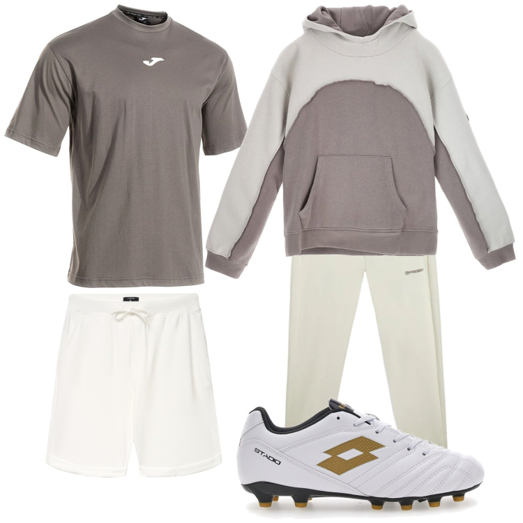 Outfit uomo - In campo. Stile Casual per Sport. Abbinamento con pantaloncini sportivi, pantaloni, felpe con cappuccio, t-shirt sportive, scarpe sportive.