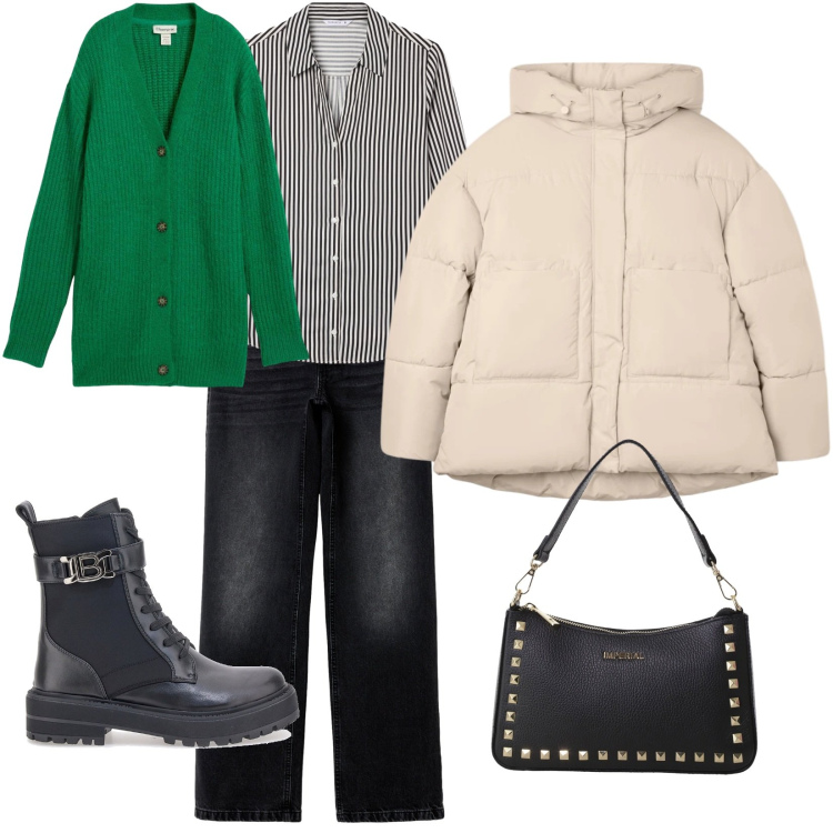 Outfit donna - Ultimi freddi. Stile Basic per Tutti i giorni. Abbinamento con cardigans, jeans, camicie, bomber, pochette, anfibi.