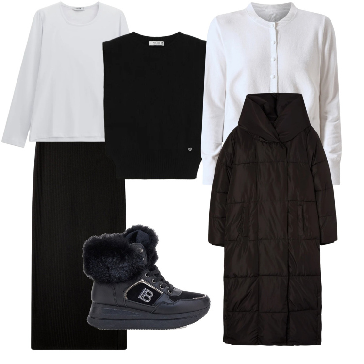 Outfit donna - Strati. Stile Casual per Tutti i giorni. Abbinamento con cappotti, gonne lunghe, maglieria, t-shirt, cardigans, stivali da neve.