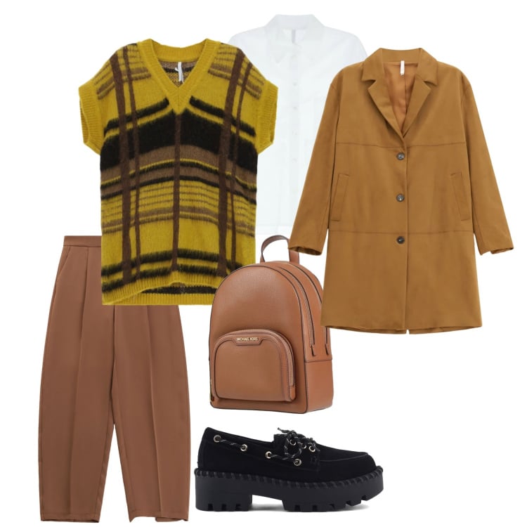 Outfit donna - Quadri Senape e Toni Terrosi. Stile Preppy per Tutti i giorni. Abbinamento con zaini, camicie, maglieria, pantaloni, cappotti, mocassini.