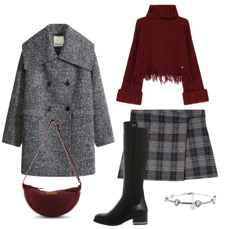 Outfit donna - Bordeaux & Tweed: Eleganza d\'Inverno. Stile Casual chic per Tutti i giorni. Abbinamento con cappotti, minigonne, maglieria, stivali sopra il ginocchio, braccialetti, borse a tracolla.