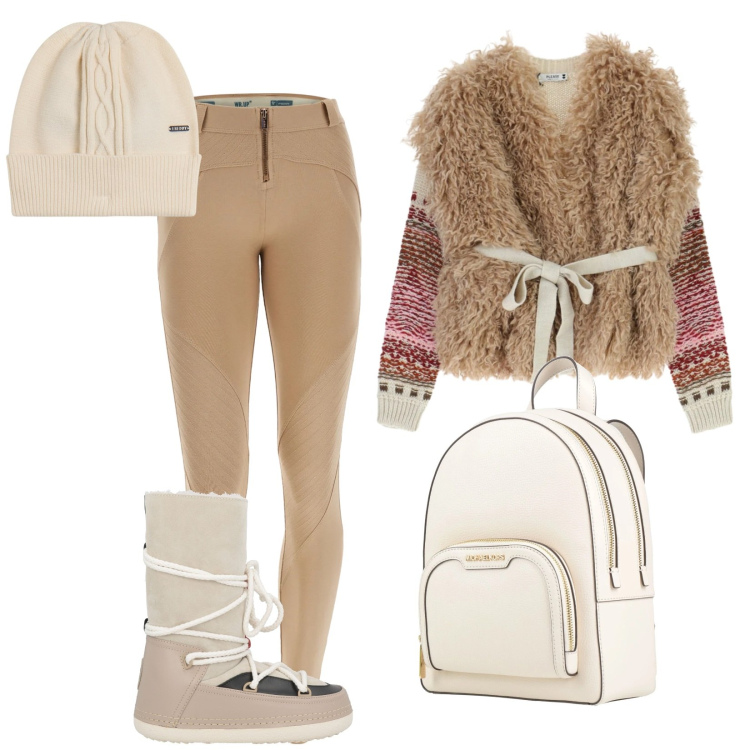 Outfit donna - Week end in montagna. Stile Casual per Tutti i giorni. Abbinamento con zaini, stivali da neve, maglieria, pantaloni skinny, berretti.
