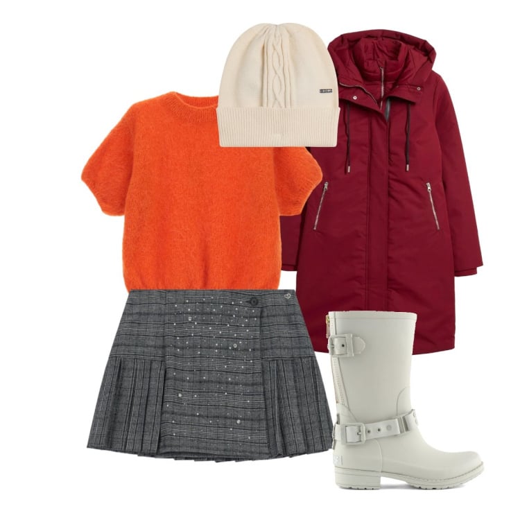 Outfit donna - Volume e armonia quando piove. Stile Preppy per Scuola/Università. Abbinamento con piumini, minigonne, maglieria, berretti, stivali.
