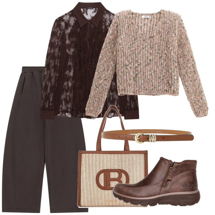 Outfit donna - Sporty con pizzo. Stile Trendy per Tutti i giorni. Abbinamento con maglieria, pantaloni a palazzo, cinture, borse a spalla, camicie, stivaletti.