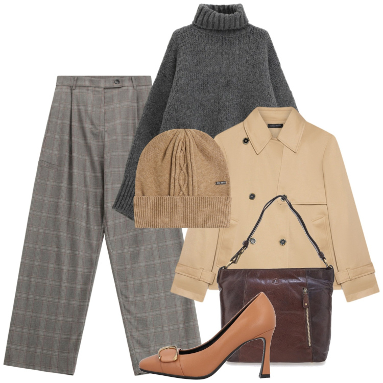 Outfit donna - Prince of Wales e trench. Stile Bon Ton per Ufficio. Abbinamento con décolleté, pantaloni a palazzo, maglieria, berretti, trench, borse a spalla.