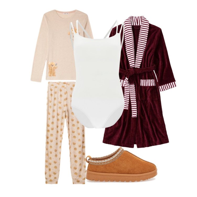 Outfit donna - Shopping da casa. Stile Basic per Tutti i giorni. Abbinamento con accappatoi, pigiama, body, pantofole.