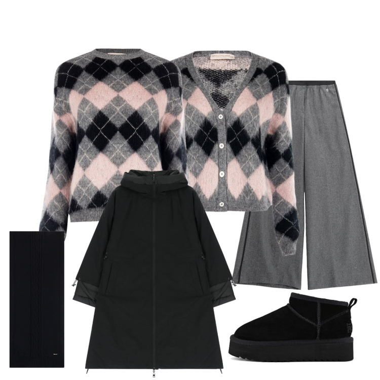 Outfit donna - Layering di gennaio. Stile Casual chic per Tutti i giorni. Abbinamento con pantaloni, parka, sciarpe, maglieria, cardigans, stivaletti.
