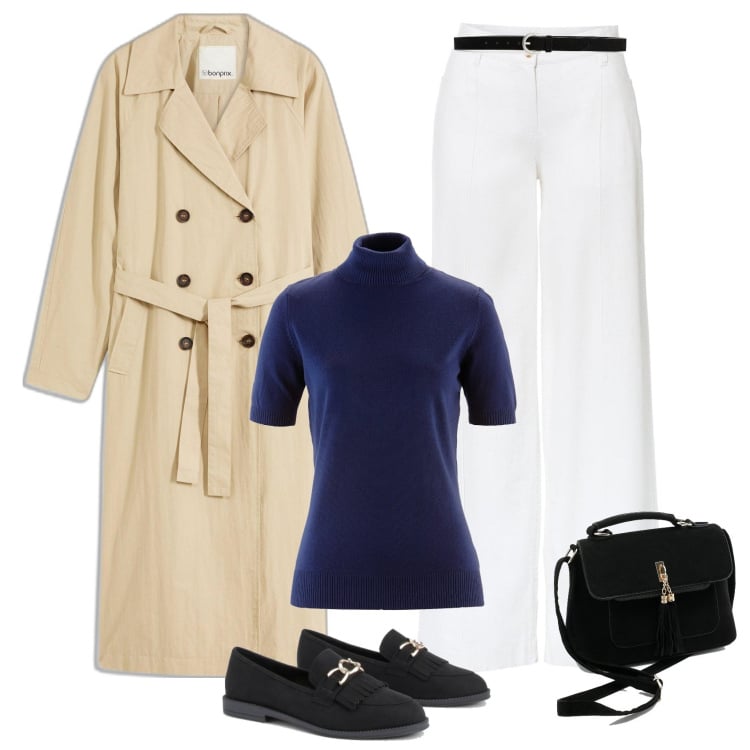 Outfit femme - Le Trench long. Style Chic pour Tous les jours. Assortir avec pantalon large en bas, pulls, ceintures, imperméable, mocassins, sacs en bandoulière.