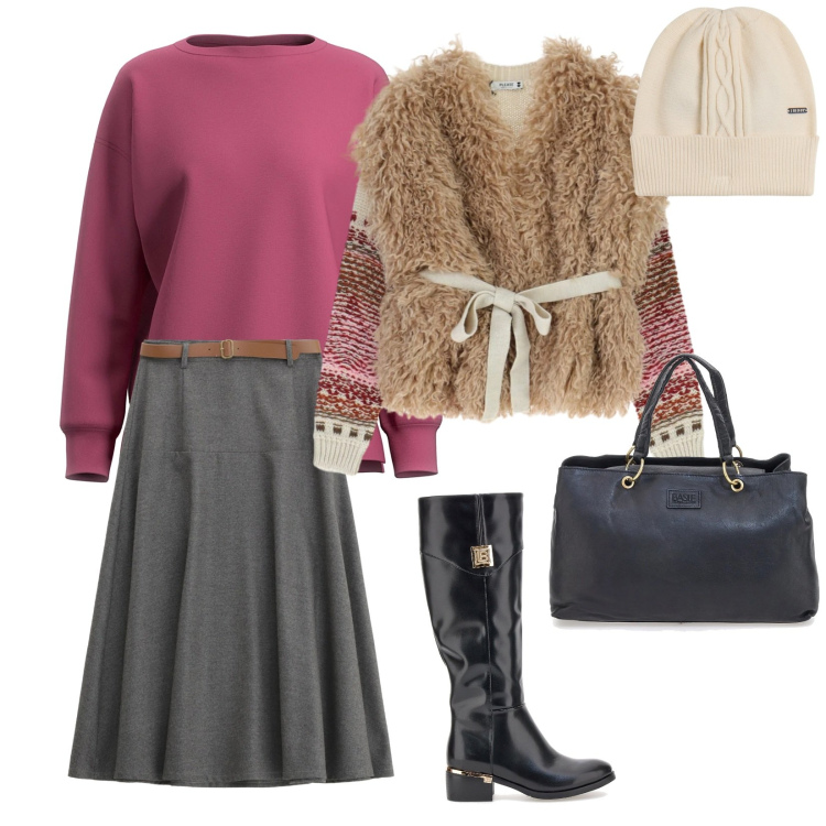 Outfit donna - Al caldo così. per Tutti i giorni. Abbinamento con maglieria, gonne lunghe, berretti, felpe, stivali, borse a mano.