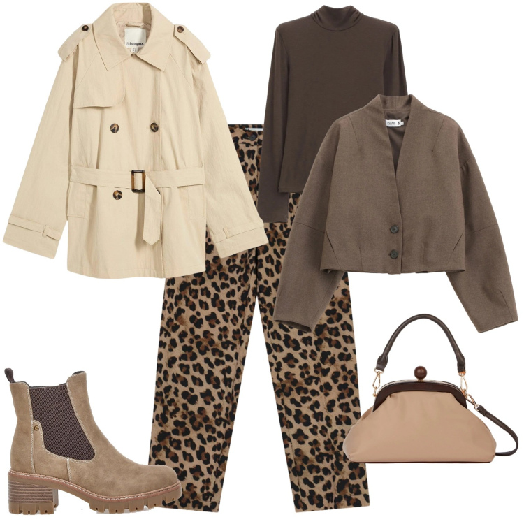 Outfit donna - Trendy ogni giorno ufficio. Stile Trendy per Ufficio. Abbinamento con trench, blazer, pantaloni, maglieria, clutch, stivaletti chelsea.