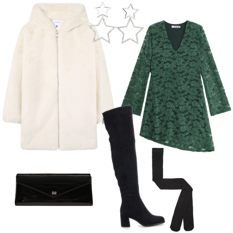 Outfit donna - Fashion serata evento speciale. Stile Glamour per Serata fuori. Abbinamento con collant, orecchini, cappotti, vestiti corti, pochette, stivali sopra il ginocchio.