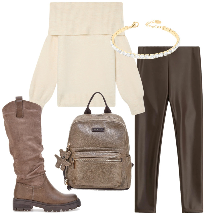 Outfit donna - Gennaio con gli stivali. Stile Urban per Tutti i giorni. Abbinamento con maglieria, pantaloni skinny, braccialetti, stivali, zaini.