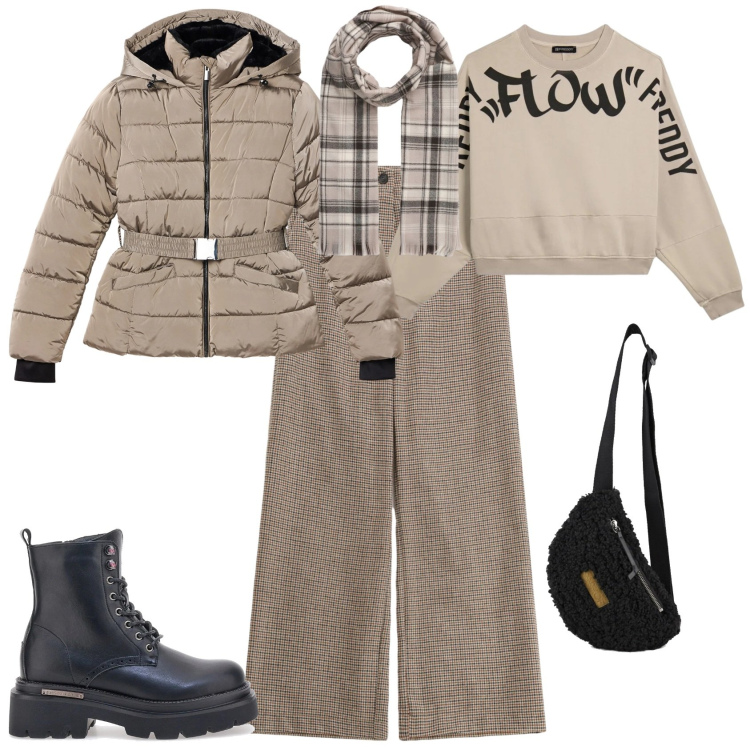 Outfit donna - Urban ogni giorno. Stile Urban per Tutti i giorni. Abbinamento con sciarpe, piumini, pantaloni a palazzo, felpe, marsupi, anfibi.