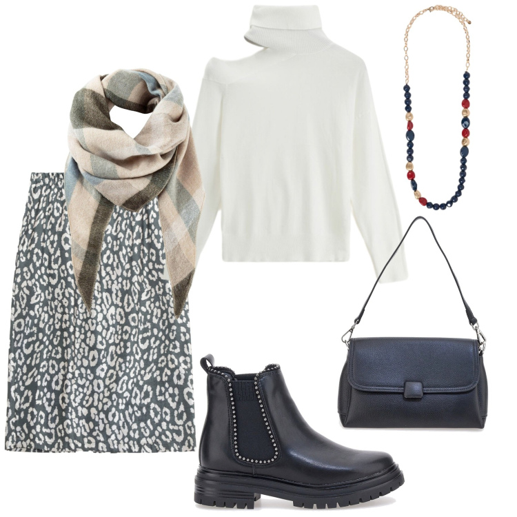 Outfit donna - Total look #2324116. Stile Romantica per Ufficio. Abbinamento con sciarpe, gonne, maglieria, collane, borse a spalla, stivaletti chelsea.