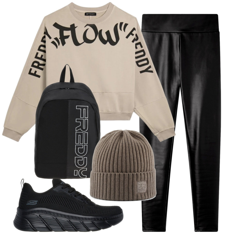 Outfit donna - Tenuta sportiva. Stile Basic per Tutti i giorni. Abbinamento con leggings, zaini, felpe, berretti, sneakers.