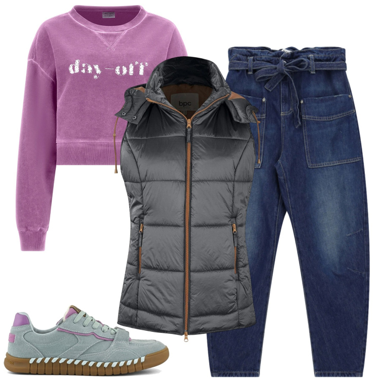 Outfit donna - Day off. Stile Casual per Tutti i giorni. Abbinamento con gilet, jeans, felpe, sneakers.