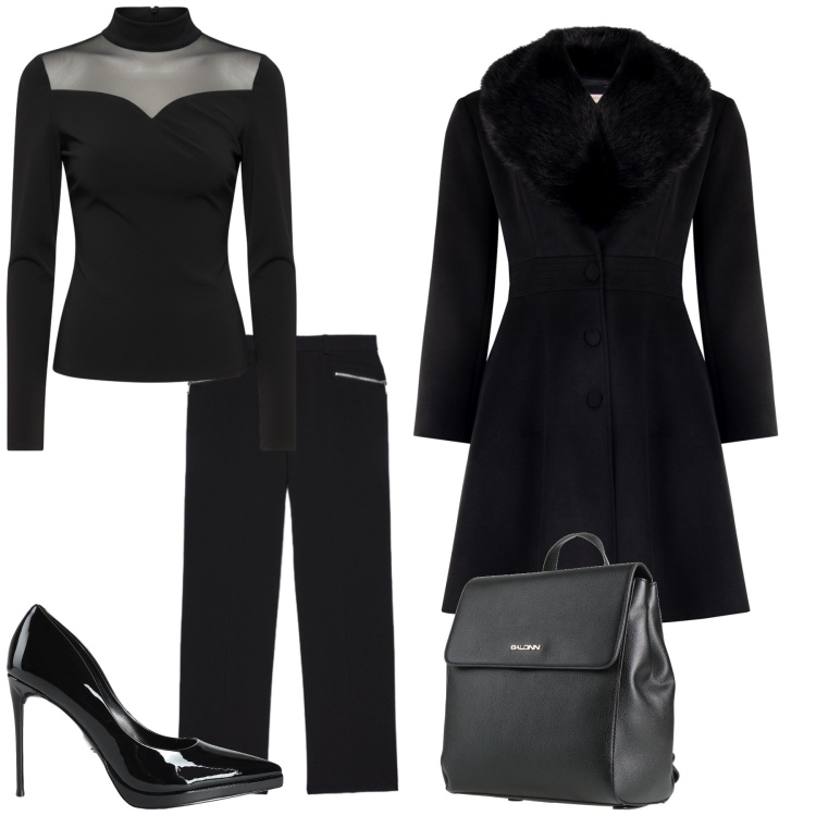 Outfit donna - Serata fuori. Stile Glamour per Serata fuori. Abbinamento con zaini, décolleté, cappotti, bluse, pantaloni.