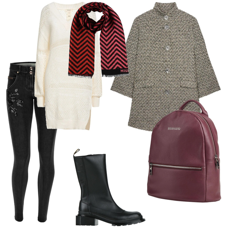 Outfit donna - Di giorno. per Ufficio. Abbinamento con stivali, pullovers, sciarpe, zaini, jeans skinny, cappotti.