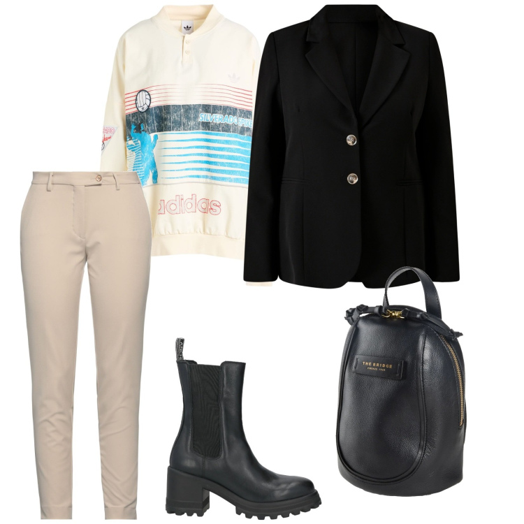 Outfit donna - Di giorno. per Scuola/Università. Abbinamento con pantaloni, zaini, stivaletti, felpe, blazer.