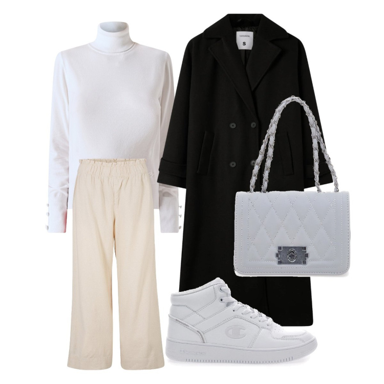 Outfit donna - Cappotto oversize in saldo. Stile Basic per Tutti i giorni. Abbinamento con pantaloni culotte, cappotti, maglieria, borse a tracolla, sneakers alte.