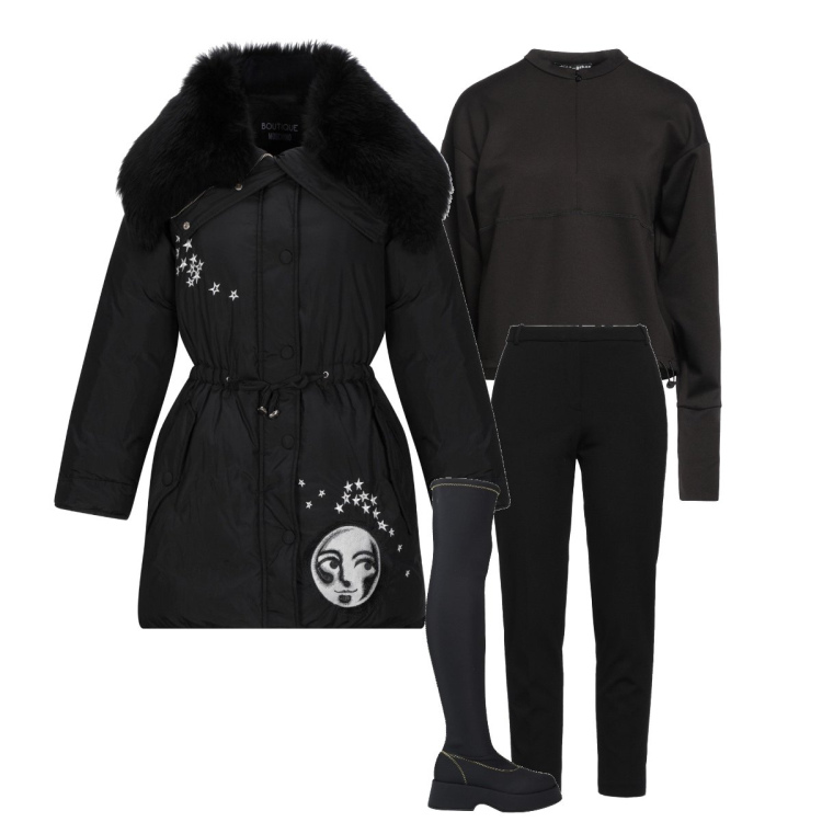Outfit donna - Cappotto con collo ecopelliccia. Stile Minimal per Serata fuori. Abbinamento con stivali sopra il ginocchio, pantaloni skinny, cappotti, t-shirt.