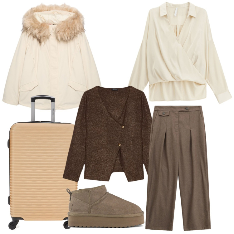 Outfit donna - Layering per i giorni più freddi. Stile Chic per Tutti i giorni. Abbinamento con pantaloni, camicie, cardigans, piumini, stivaletti, valigie.