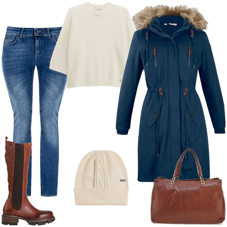 Outfit donna - Blu panno e marrone. Stile Casual per Tutti i giorni. Abbinamento con parka, stivali, pullovers, berretti, jeans skinny, borse a tracolla.