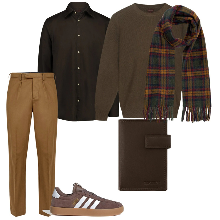 Outfit uomo - Gennaio. per Ufficio. Abbinamento con portafogli, sneakers, camicie, pantaloni, sciarpe, maglieria.