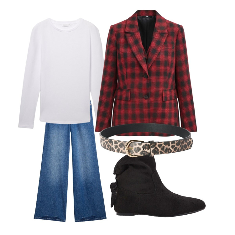 Outfit donna - Blazer in saldo. Stile Preppy per Ufficio. Abbinamento con stivaletti, jeans, cinture, t-shirt, blazer.