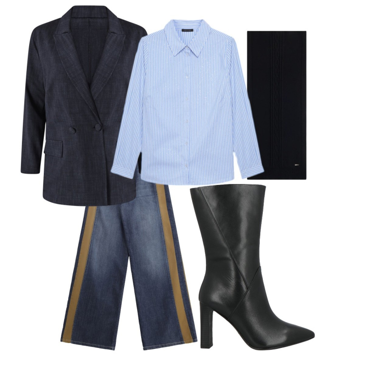 Outfit donna - Contro il freddo di gennaio. Stile Mannish per Ufficio. Abbinamento con stivaletti, jeans a zampa, blazer, sciarpe, camicie.