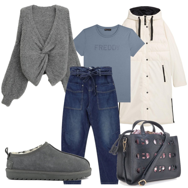 Outfit donna - Total look #2324152. Stile Casual per Tutti i giorni. Abbinamento con piumini, jeans, cardigans, t-shirt, sabot, borse a mano.
