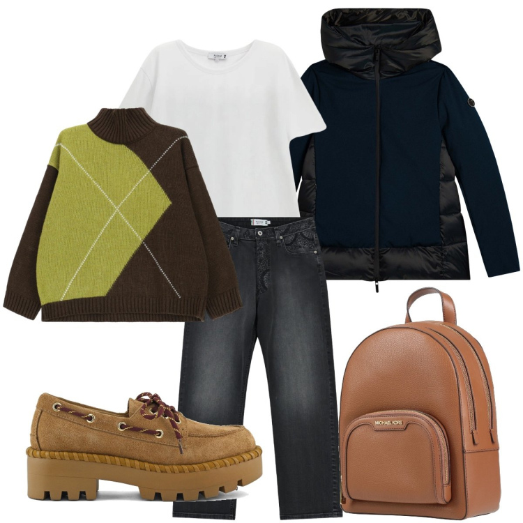 Outfit donna - Total look #2324153. Stile Basic per Tutti i giorni. Abbinamento con zaini, jeans dritti, t-shirt, maglieria, piumini, mocassini.