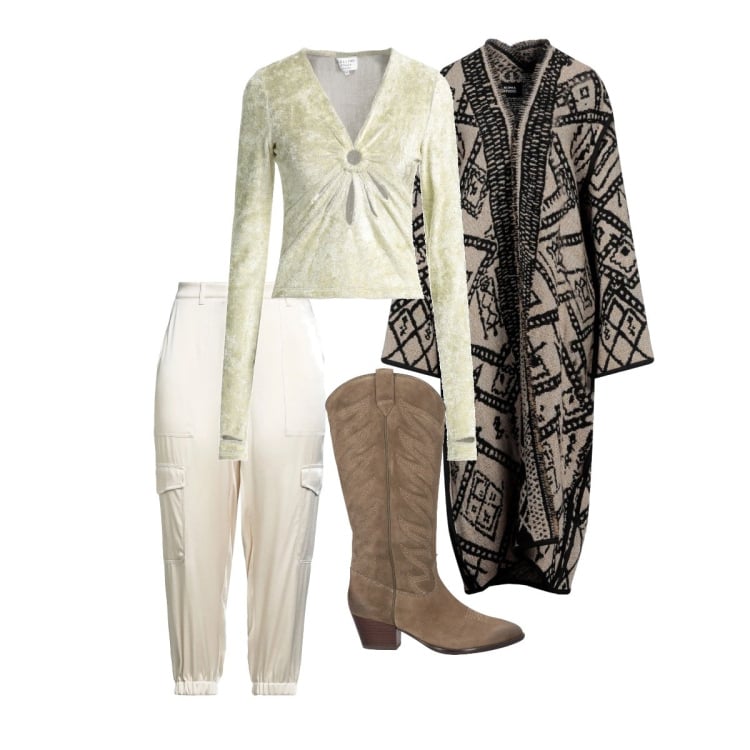 Outfit donna - In città. Stile Trendy per Tutti i giorni. Abbinamento con cardigans, stivali, pantaloni cargo, t-shirt.