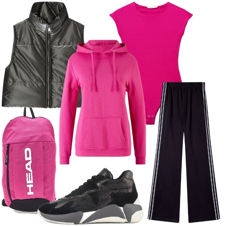 Outfit donna - Nero e fucsia per lo sport. Stile Casual per Sport. Abbinamento con felpe con cappuccio, piumini, pantaloni sportivi, top, borse sportive, sneakers alte.