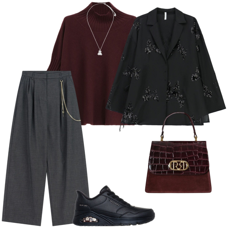 Outfit donna - Eleganza sportiva. per Ufficio. Abbinamento con maglieria, pantaloni a palazzo, blazer, borse a mano, ciondoli, sneakers.