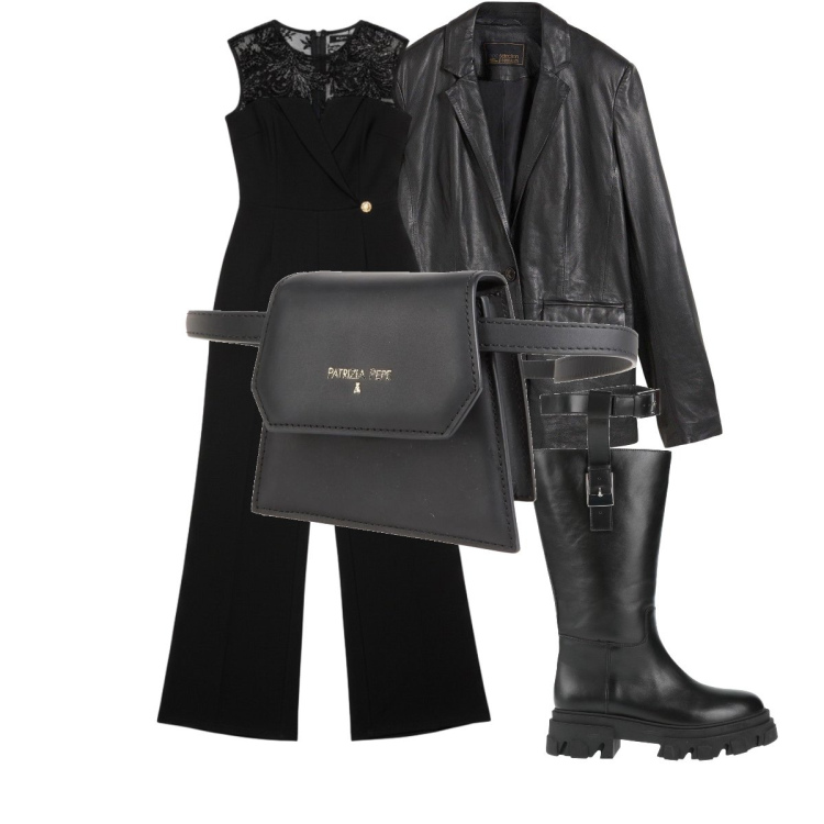 Outfit donna - tuta in pizzo curvy. Stile Rock per Serata fuori. Abbinamento con blazer, stivali, marsupi, tute.