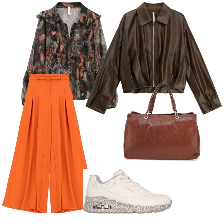Outfit donna - Arancione. per Ufficio. Abbinamento con giacche, pantaloni a palazzo, camicie, borse a tracolla, sneakers.
