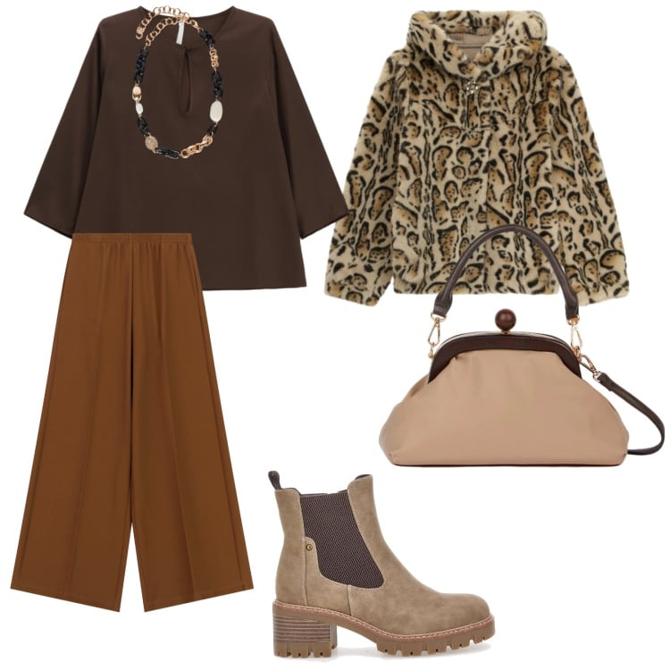 Outfit donna - Uscita. per Tutti i giorni. Abbinamento con pantaloni a palazzo, ecopellicce, bluse, clutch, collane, stivaletti chelsea.