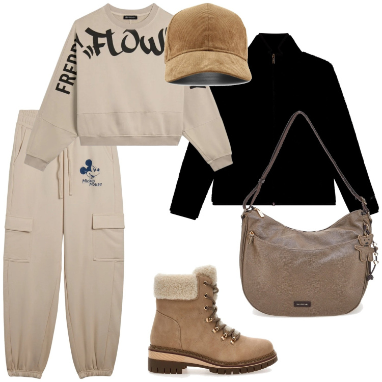 Outfit donna - Fuori porta. per Tutti i giorni. Abbinamento con pantaloni cargo, bomber, felpe, anfibi, borse a spalla, cappelli con visiera.