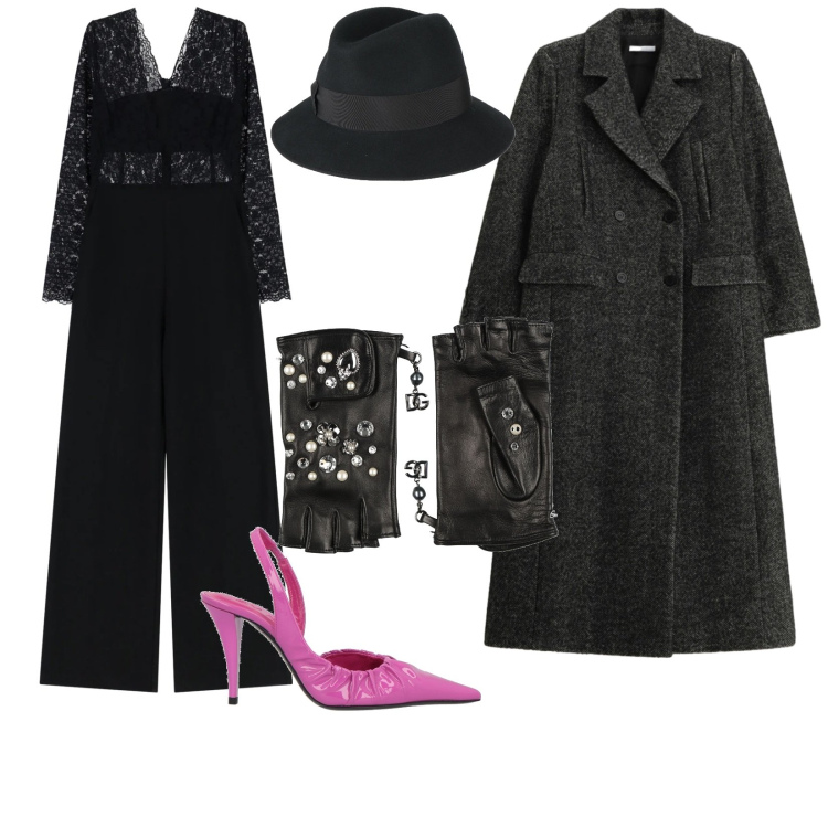 Outfit donna - Notte. per Serata fuori. Abbinamento con cappelli, guanti, décolleté, cappotti, tute.