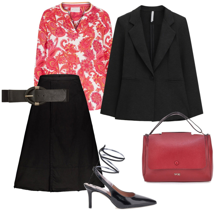 Outfit donna - Ufficio. per Ufficio. Abbinamento con tuniche, cinture, blazer, gonne lunghe, borse a tracolla, décolleté.