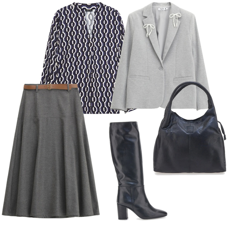Outfit donna - Gonna e stivali. per Scuola/Università. Abbinamento con blazer, gonne lunghe, stivali, borse a mano, bluse.