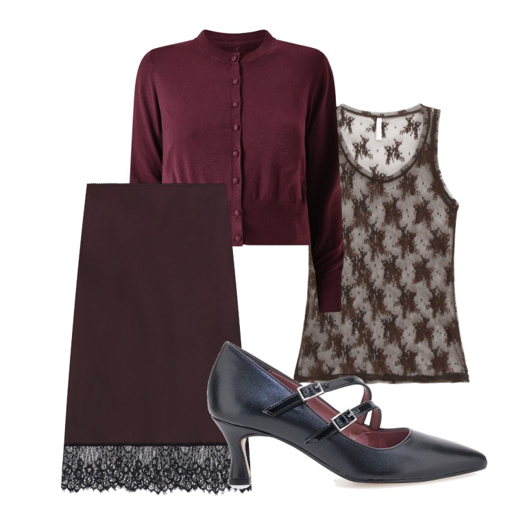 Outfit donna - Trendy e frizzante. Stile Trendy per Serata fuori. Abbinamento con cardigans, canottiere, gonne longuette, décolleté.