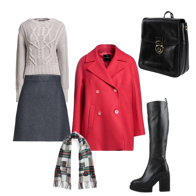 Outfit donna - Contrasti Corallo & Urban Grey. Stile Urban per Tutti i giorni. Abbinamento con stivali, caban, sciarpe, pullovers, minigonne, zaini.