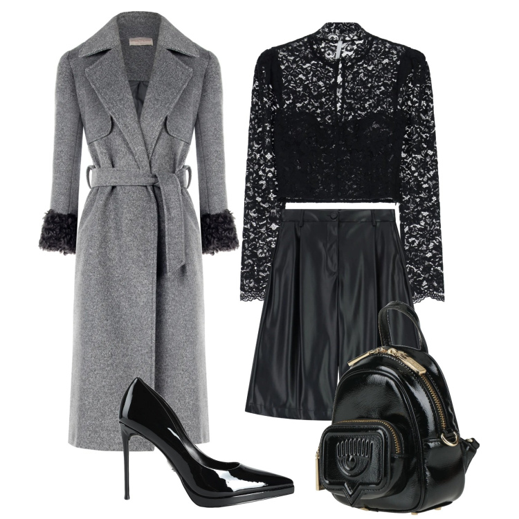 Outfit donna - Grey and black- serata chic. Stile Trendy per Serata fuori. Abbinamento con décolleté, zaini, bermuda, bluse, cappotti.